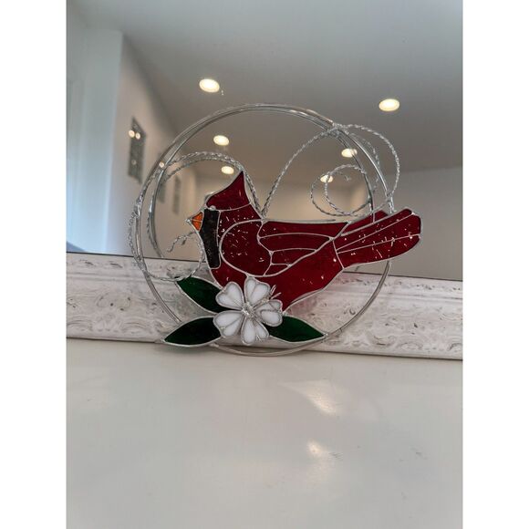 Handmade Stained Glass Cardinal Red Bird Metal Circle Decor Accent - Picture 5 of 7